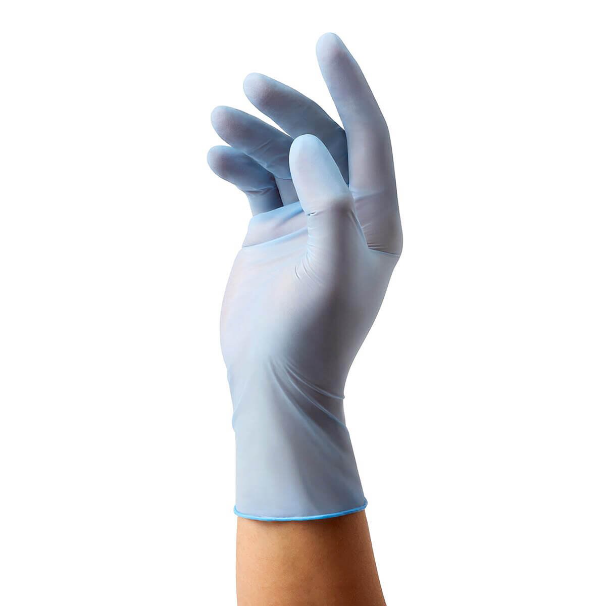 Blue Medline MediGuard ES chemo-rated nitrile exam glove worn on a hand, size extra large